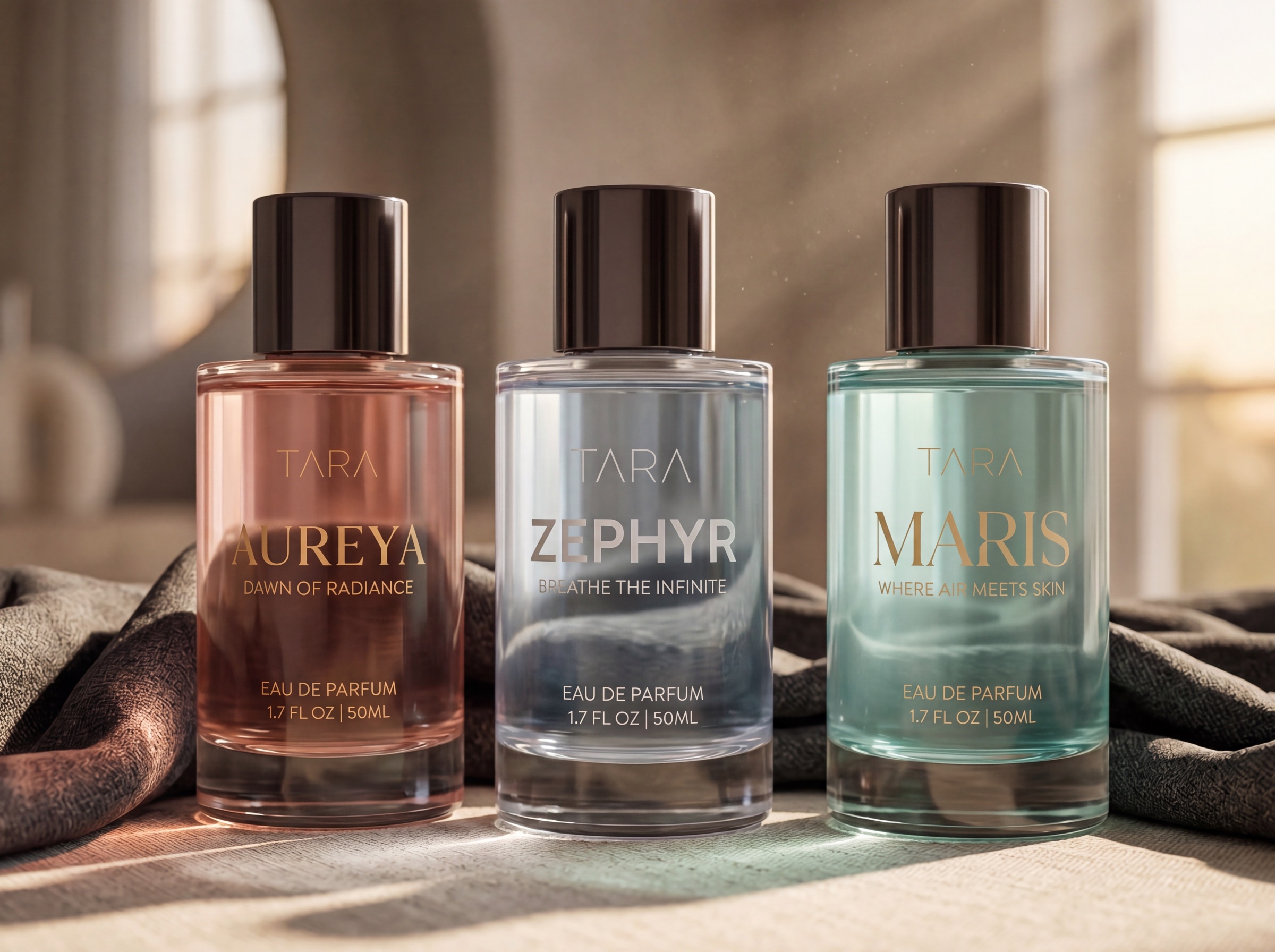 TARA core trio perfume bottles in warm window light with soft fabric, styled for Fragrance written like a private confession.