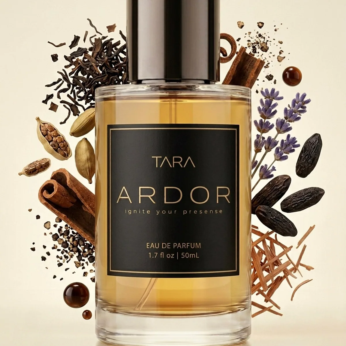 Ardor perfume bottle styled with black tea, spice, and woods for an early customer review.