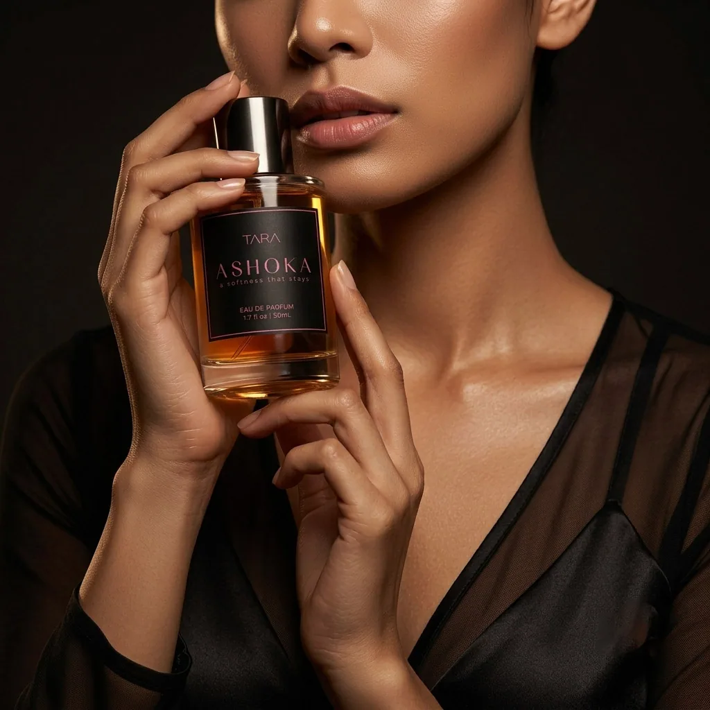 Ashoka perfume bottle held in a dark editorial portrait for the TARA new launch.