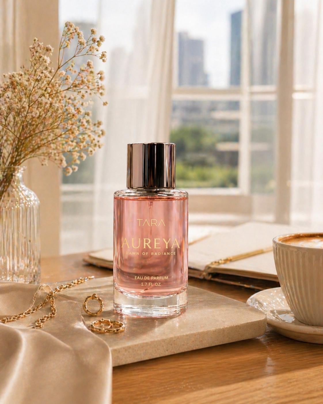 Aureya perfume bottle on a warm ivory vanity with gold jewelry, soft florals, coffee, and morning window light.