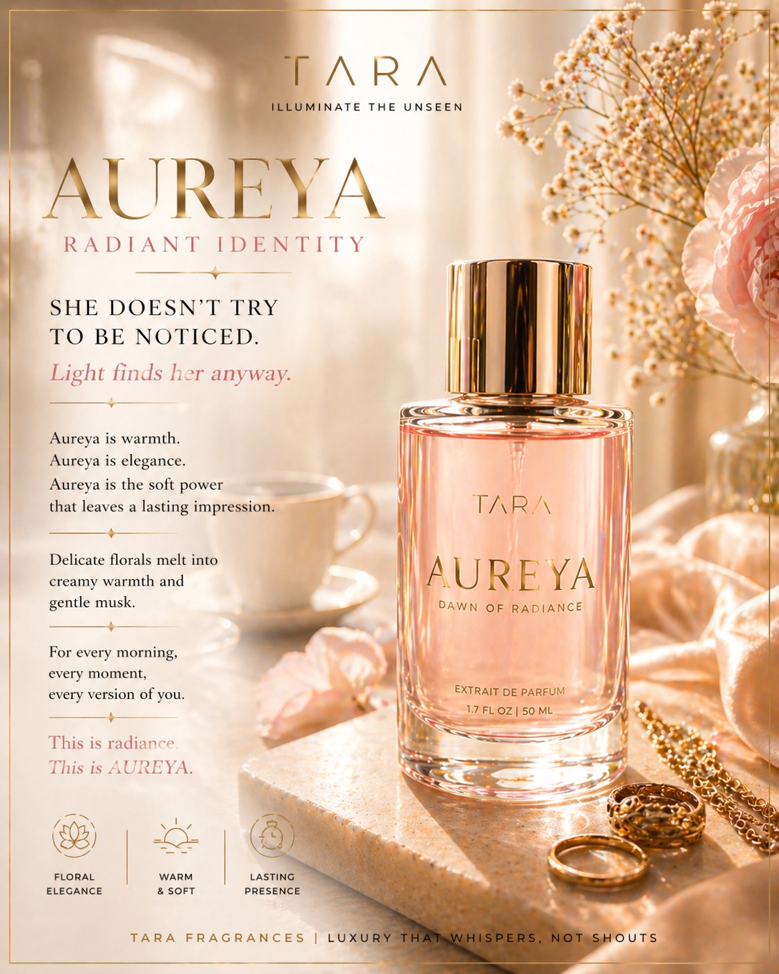 Hera collection artwork led by Aureya with a warm gold fragrance bottle, soft florals, ivory light, and radiant feminine presence.