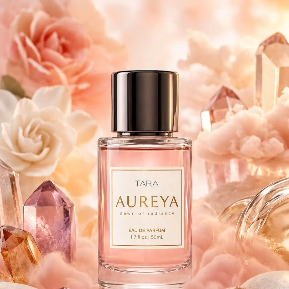 Aureya perfume bottle with an opaque cream label, blush florals, crystals, and warm dawn light.