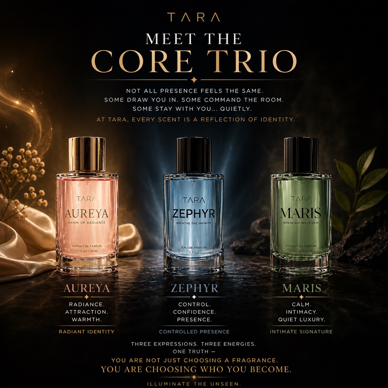 TARA core trio campaign artwork featuring Aureya, Zephyr, and Maris bottles against a dark gold-lit editorial fragrance scene.