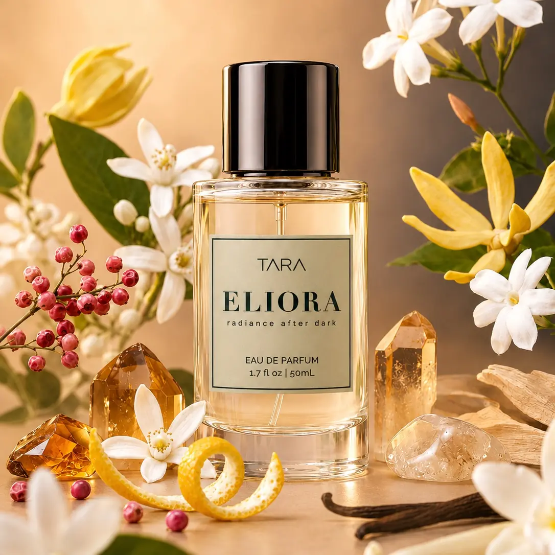 ELIORA perfume bottle in golden floral styling for an early customer review.