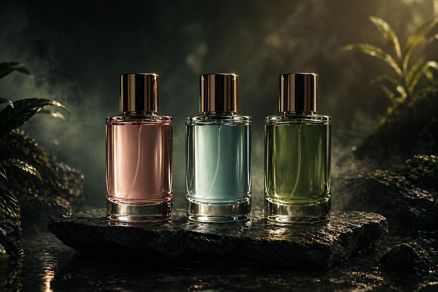 Three luxury TARA perfume bottles in rose, blue, and green glass standing on wet stone in a misty dark botanical setting with golden light.