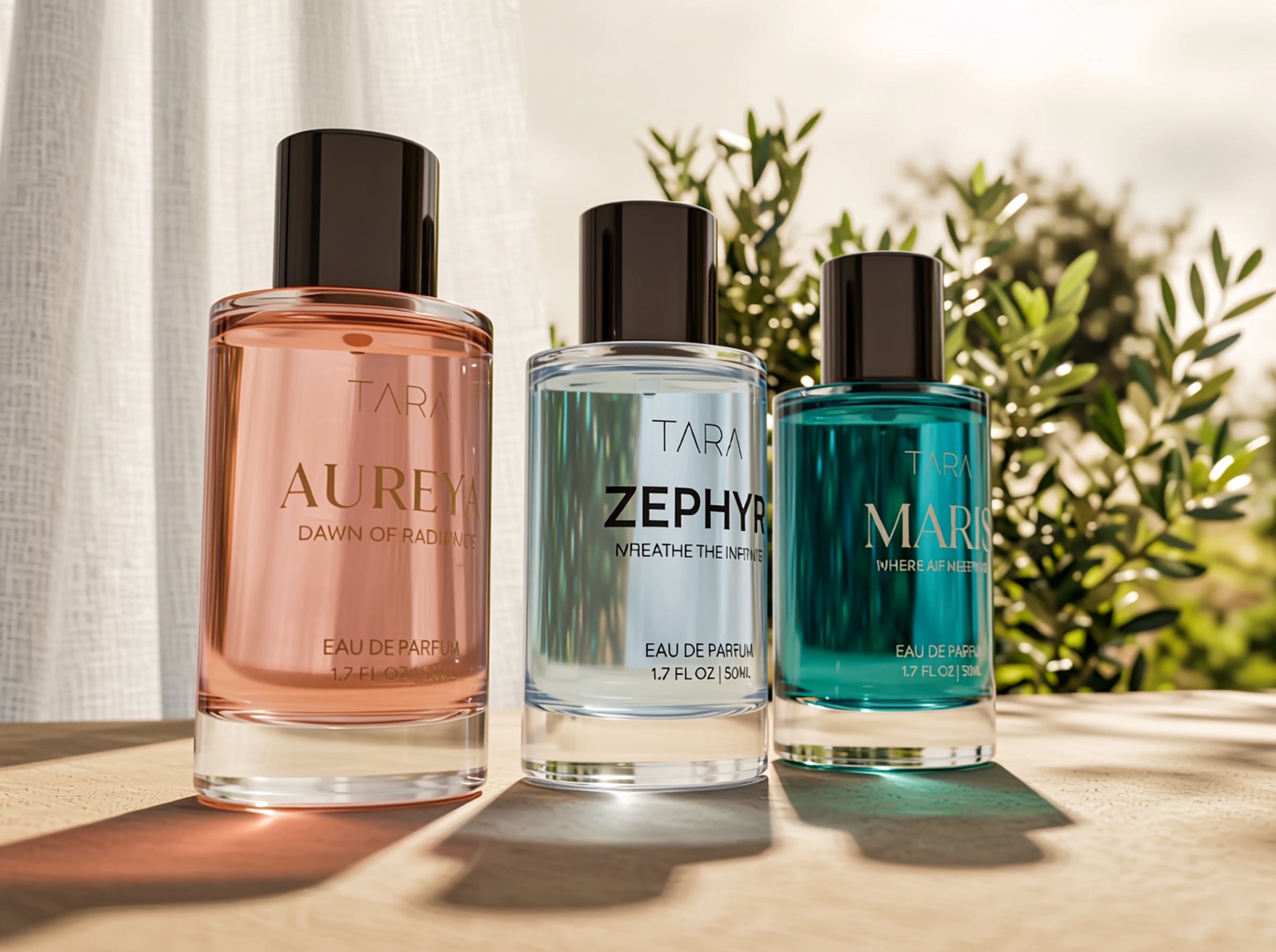 TARA core trio perfume bottles Aureya, Zephyr, and Maris photographed by a bright window with warm botanical light.