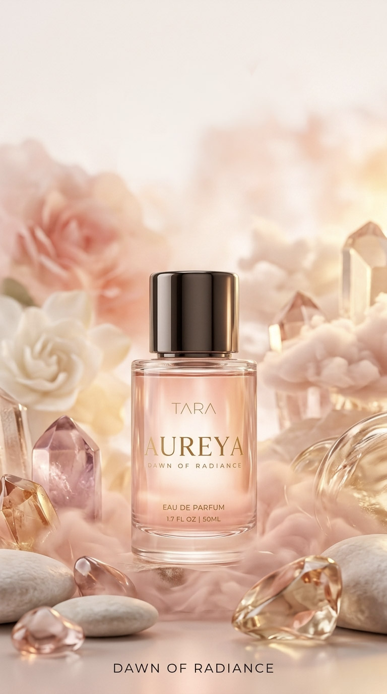 Aureya perfume bottle surrounded by blush florals, crystals, ivory stones, and soft pink radiance for the TARA homepage.