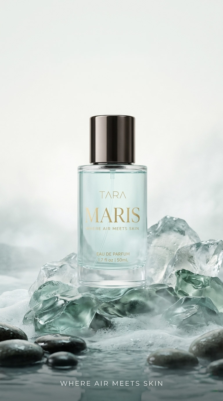 Maris perfume bottle in sea-glass tones with water, cool stones, and the line Where Air Meets Skin.