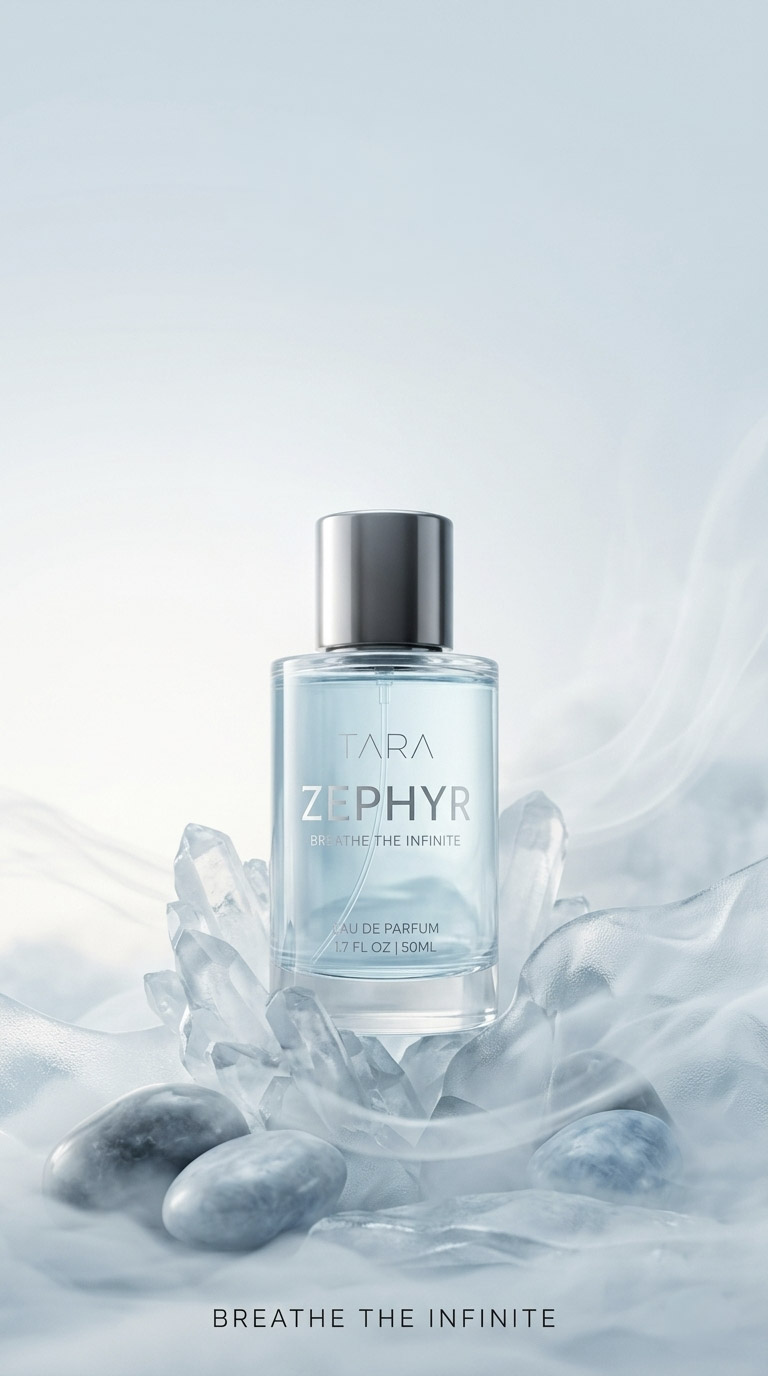 Zephyr perfume bottle in cool blue mist with crystals, pale stones, and the line Breathe the Infinite.