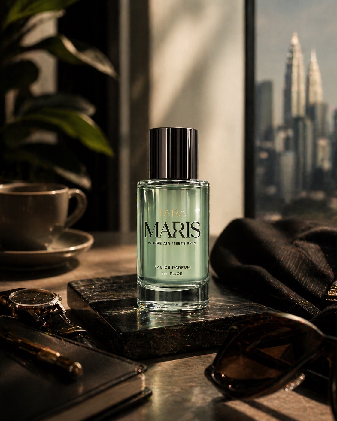 Maris perfume bottle on a dark marble desk with green glass, city skyline, black tailoring, watch, and quiet luxury shadows.
