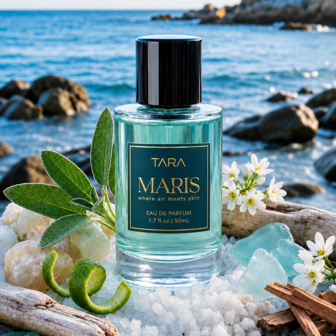Maris perfume bottle with an opaque teal label, salt crystals, driftwood, sage, and coastal water.