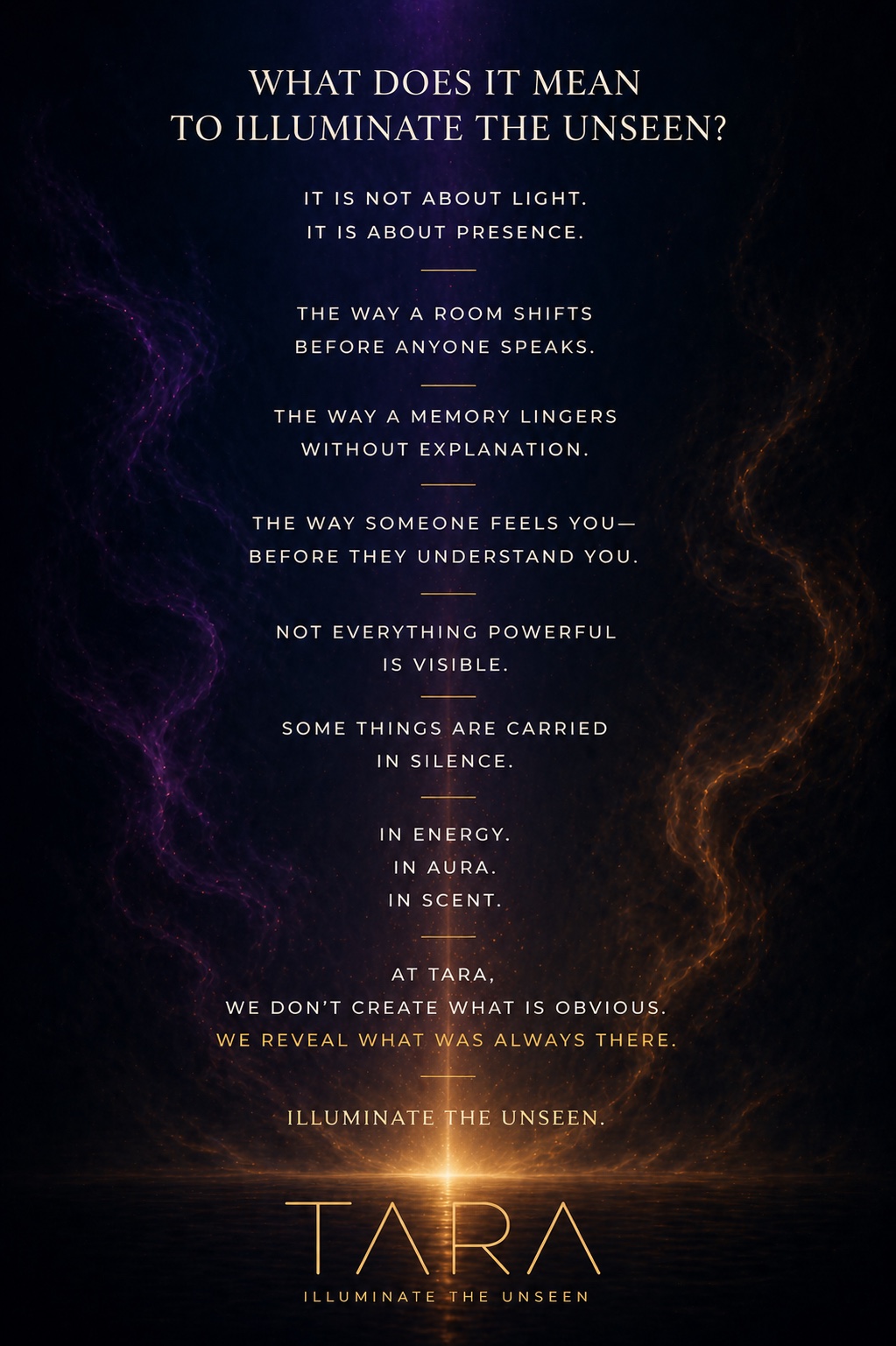 TARA brand manifesto artwork explaining Illuminate the Unseen over a dark midnight background with gold and purple light.