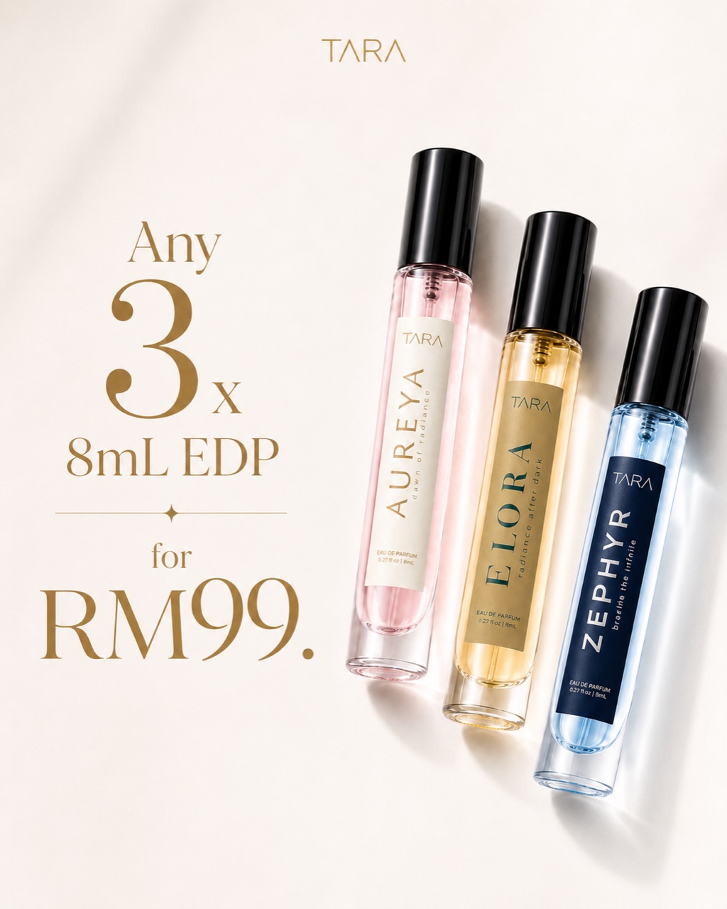 TARA discovery set launch special showing any 3 x 8mL Eau de Parfum for RM99.