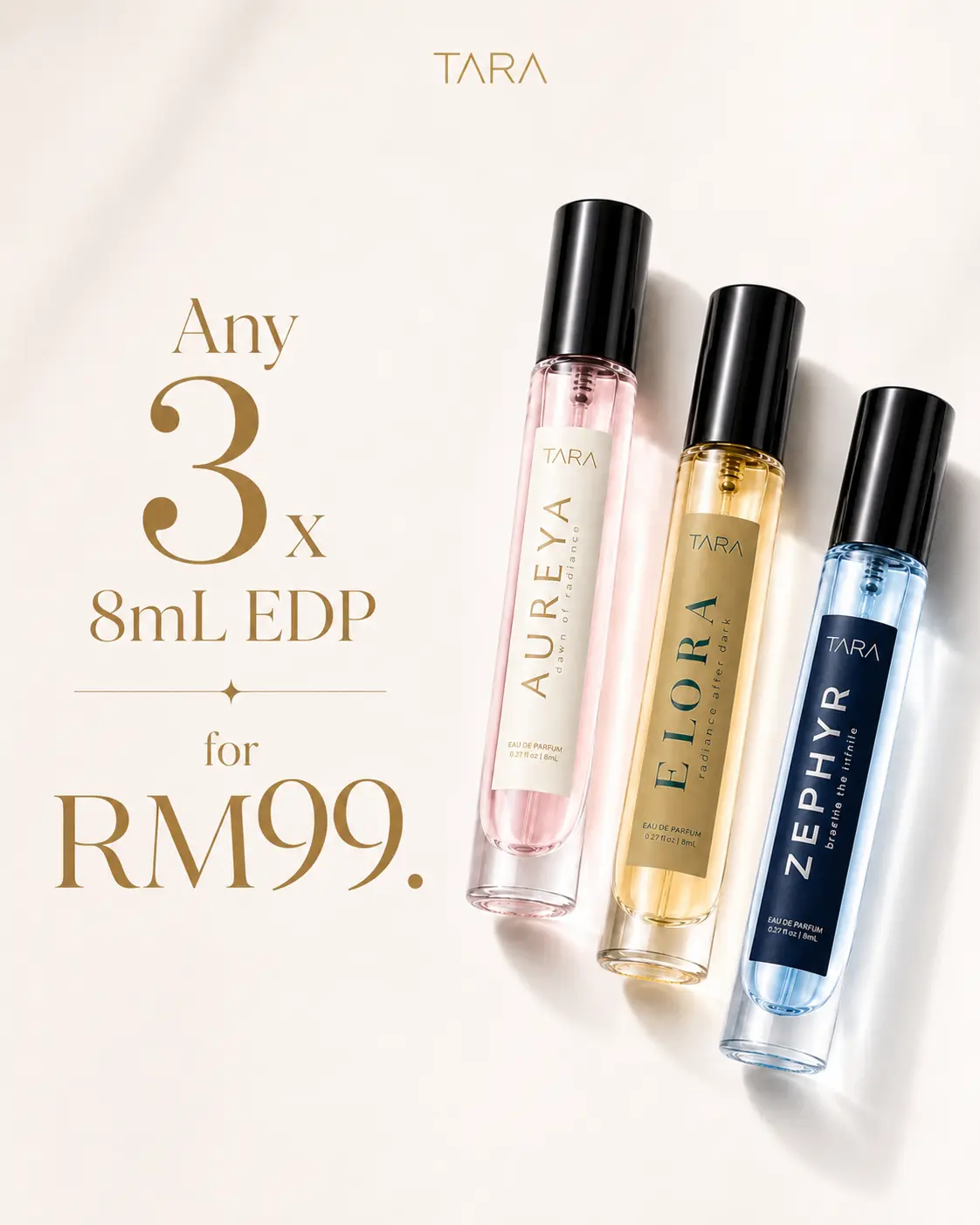 TARA discovery set launch special showing any 3 x 8mL Eau de Parfum for RM99.