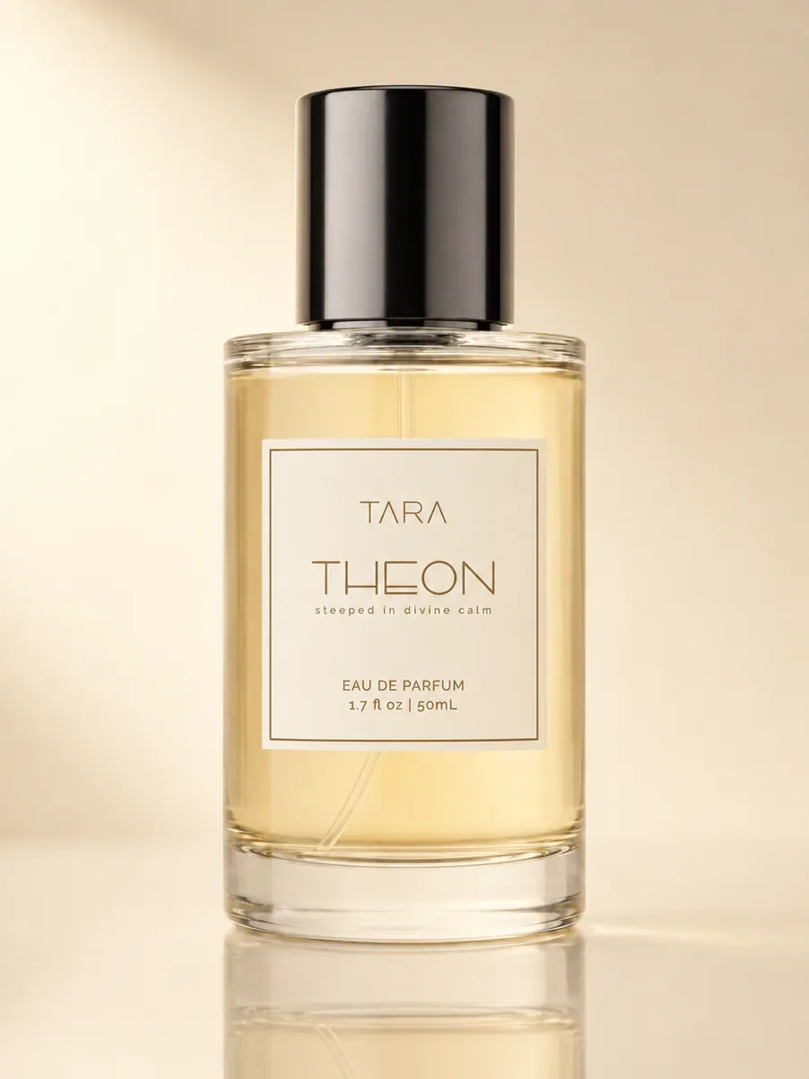 THEON 50mL Eau de Parfum bottle in warm golden light with an ivory label and black cap.