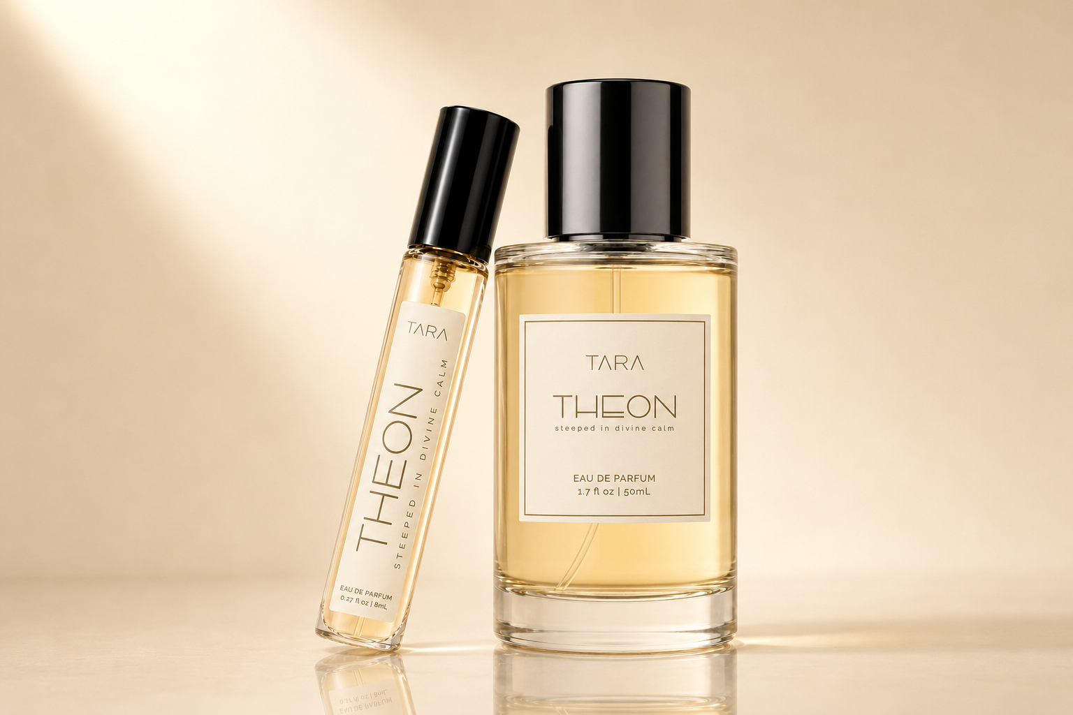 THEON 50mL and 8mL Eau de Parfum bottles in warm golden light.