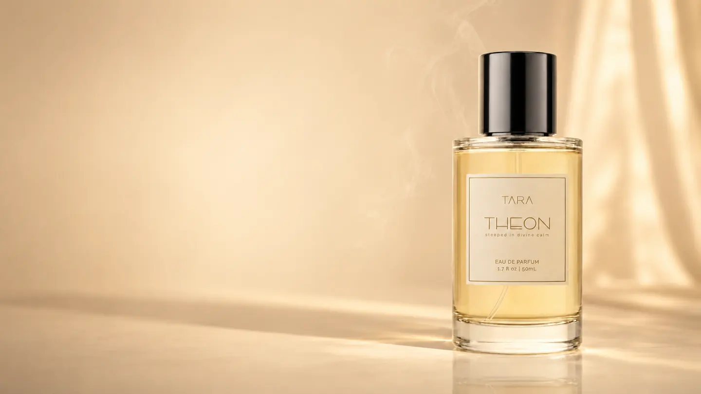 THEON Eau de Parfum bottle in warm golden light with ivory drapery.