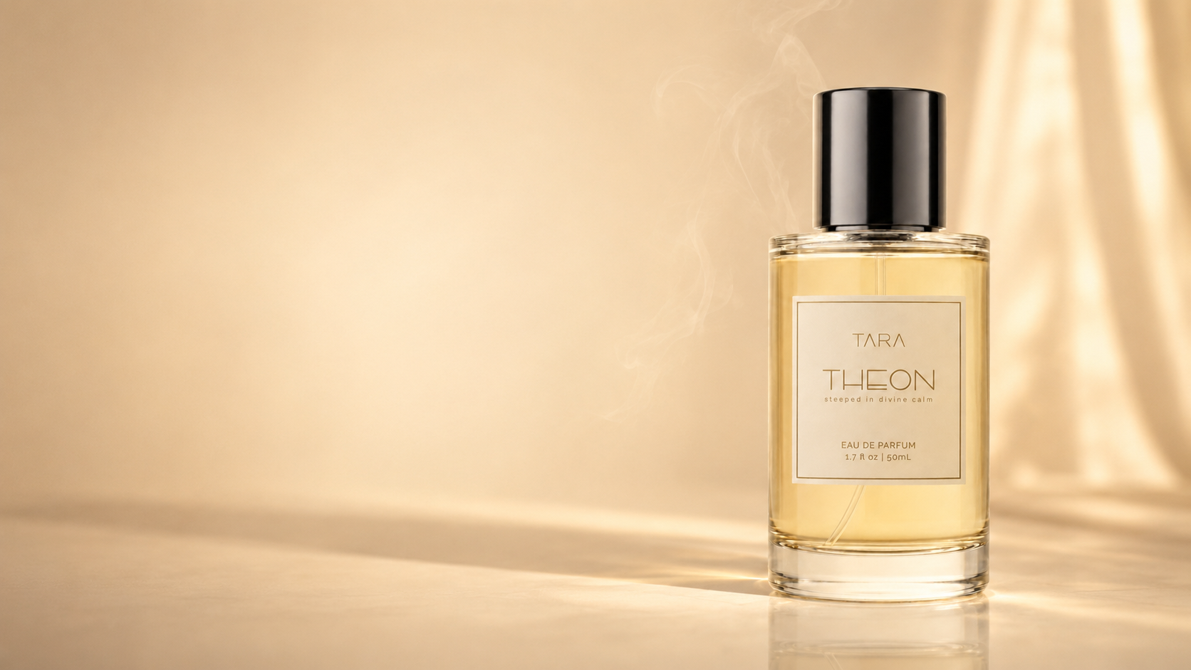 THEON Eau de Parfum bottle in warm golden light with ivory drapery.