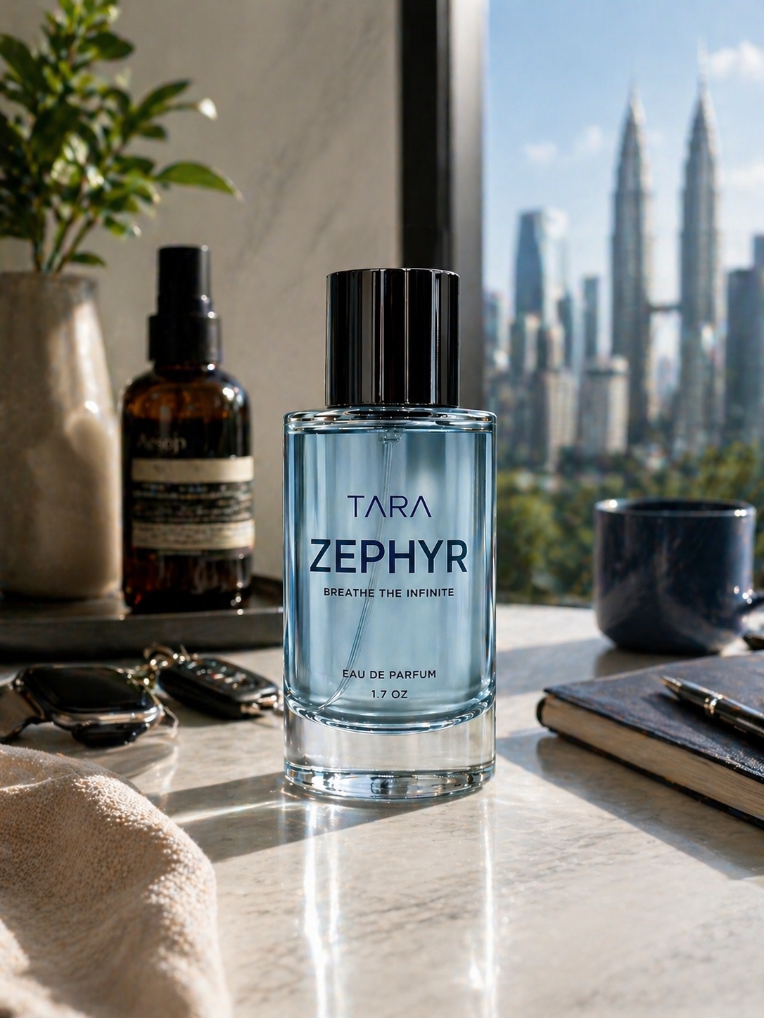 Zephyr perfume bottle on a bright marble desk with city skyline, blue glass, notebook, keys, and clean daylight.